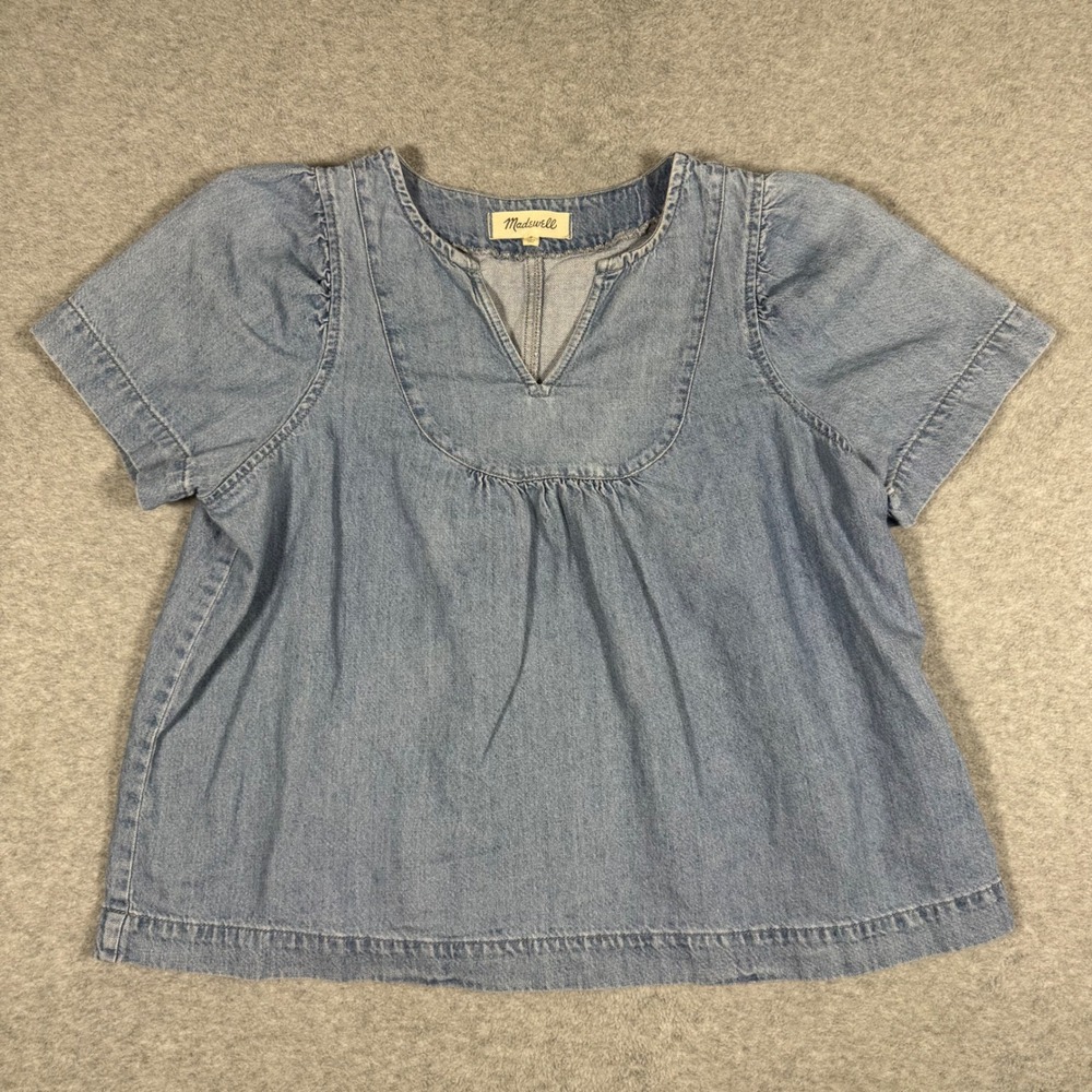 Madewell Denim Top Women Small Blue Cotton Linen Split Neck Blouse